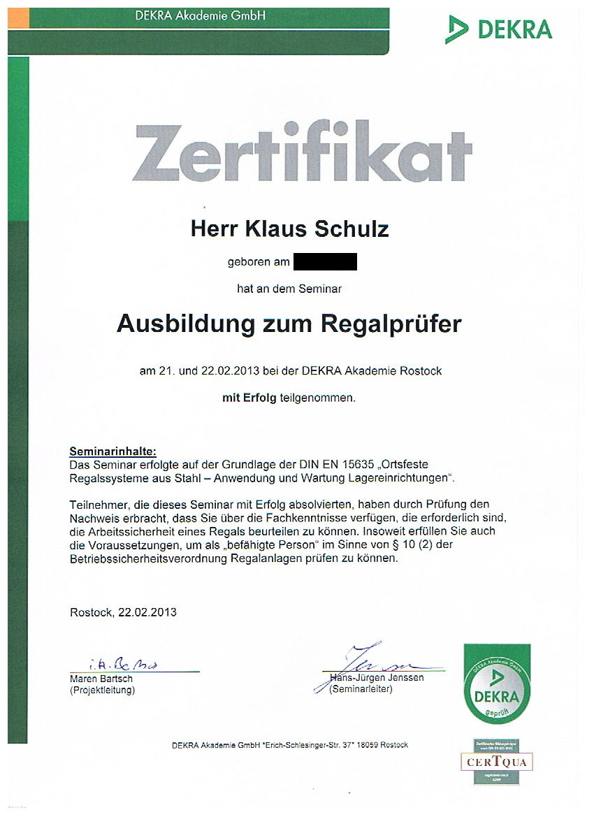 Zertifikat Regelprüfung Schulz